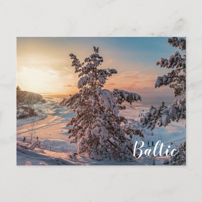 Sunset over winter snowy sea coast postcard (Front)