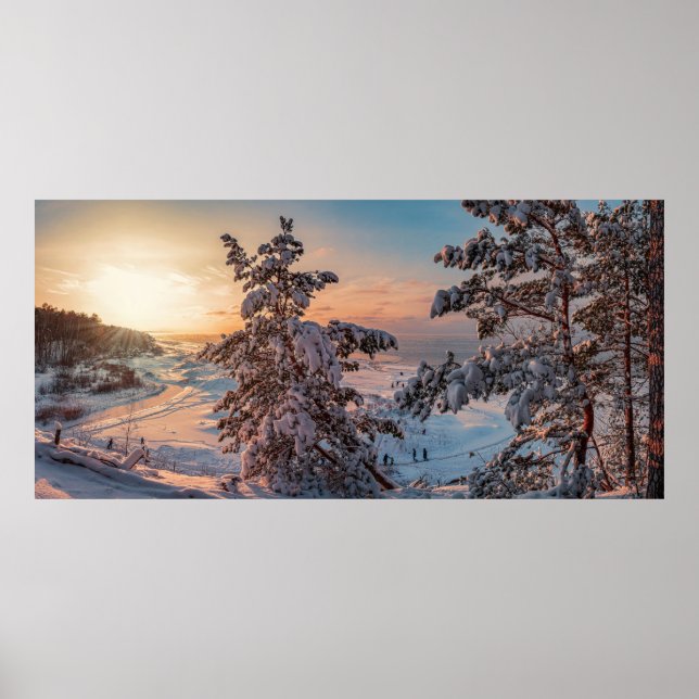Sunset over winter snowy sea coast poster (Front)