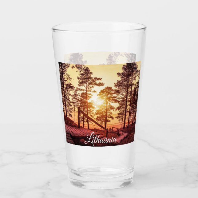 Sunset over wooden path in pine forest glass (Front)