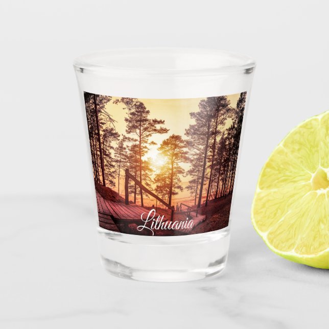 Sunset over wooden path in pine forest shot glass (Front)