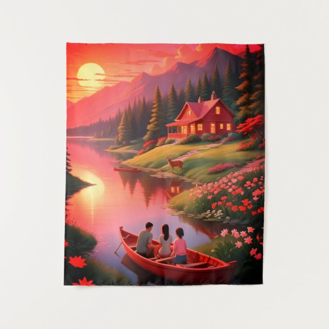 Sunset Painting with A Lake and Cottage-00000 Tapestry (Front)