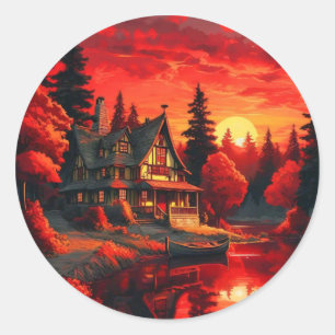 Sunset Painting with Cottage and Lake-66633 Classic Round Sticker