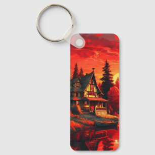Sunset Painting with Cottage and Lake-66633 Keychain