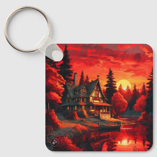 Sunset Painting with Cottage and Lake-66633 Keychain (Front)
