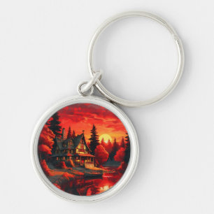 Sunset Painting with Cottage and Lake-66633 Keychain