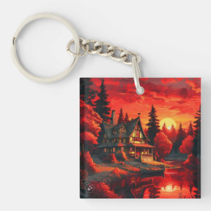 Sunset Painting with Cottage and Lake-66633 Keychain