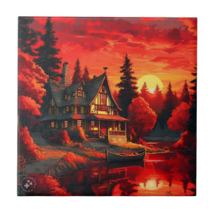 Sunset Painting with Cottage and Lake-66633 Tile