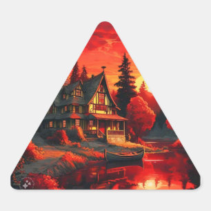 Sunset Painting with Cottage and Lake-66633 Triangle Sticker