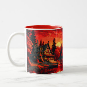 Sunset Painting with Cottage and Lake-66633 Two-Tone Coffee Mug
