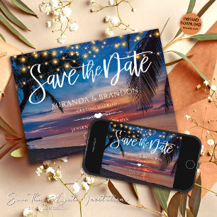 Sunset Palm String Lights Tropical Beach Wedding Save The Date