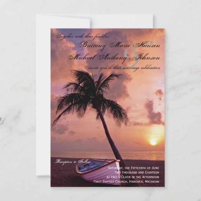 Sunset Palm Tree Beach & Boat Wedding Invitations (Front)