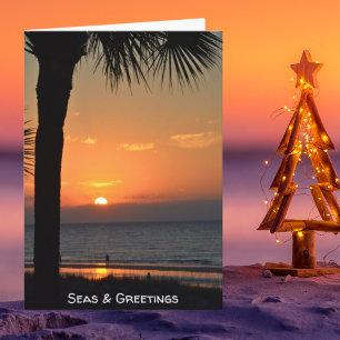 Sunset Palm Tree Silhouette Beach Scene Holiday Card
