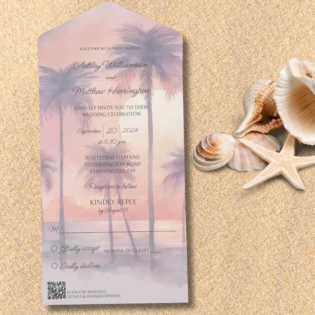 Sunset & Palm Trees All in One Wedding Invite (Also available without QR code. )