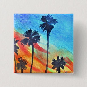 Sunset Palm trees beach surf art 2 Inch Square Button