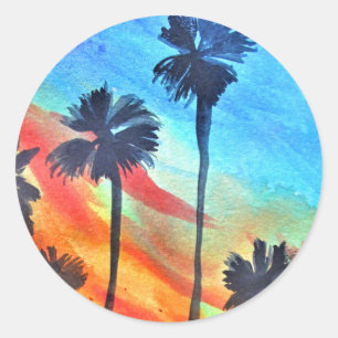 Sunset Palm trees beach surf art Classic Round Sticker