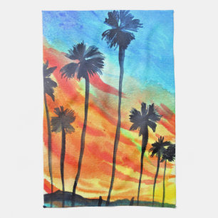 Sunset Palm trees beach surf art Kitchen Towel