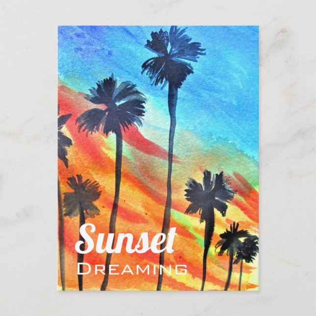 Sunset Palm trees beach surf art Postcard (Front)