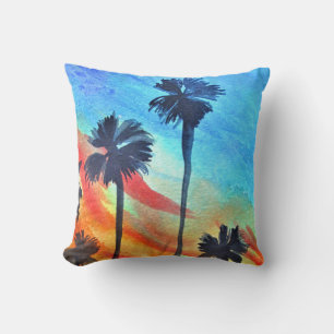 Sunset Palm trees beach surf art Throw Pillow