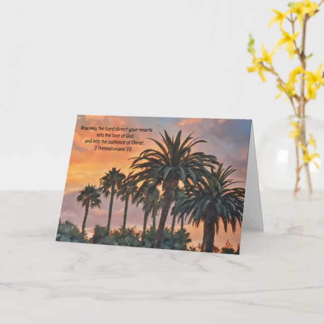 Sunset Palm Trees Bible Verse Art Note Card (Yellow Flower)