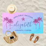 Sunset Palm Trees Blue Girls Vacation Custom Beach Towel<br><div class="desc">Personalized beach towel design for a girls' beach vacation getaway features a custom first name in modern script writing accented with a starfish and framed by tropical palm trees. Personalize with a name and custom text for the special occasion. Background includes a pretty sunset gradient in violet, purple, and blue...</div>