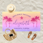 Sunset Palm Trees Custom Purple Girls Vacation Beach Towel<br><div class="desc">Personalized beach towel design for a girls' beach vacation getaway features a custom first name in modern script writing accented with a starfish and framed by tropical palm trees. Personalize with a name and custom text for the special occasion. Background includes a pretty sunset gradient in yellow, coral, pink, violet...</div>