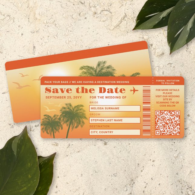 Sunset Palm Trees Faux Boarding Pass Save The Date Invitation (This design is ideal for destination weddings or beach weddings, for example.)