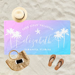 Sunset Palm Trees Girls Vacation Custom Name Beach Towel<br><div class="desc">Personalized beach towel design for a girls' beach vacation getaway features a custom first name in modern script writing accented with a starfish and framed by tropical palm trees. Personalize with a name and custom text for the special occasion. Background includes a pretty sunset gradient in bright pink, violet purple,...</div>