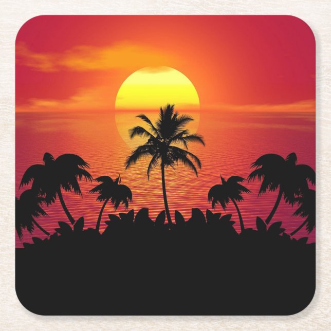 Sunset Palm Trees Silhouette-16514 Square Paper Coaster (Front)