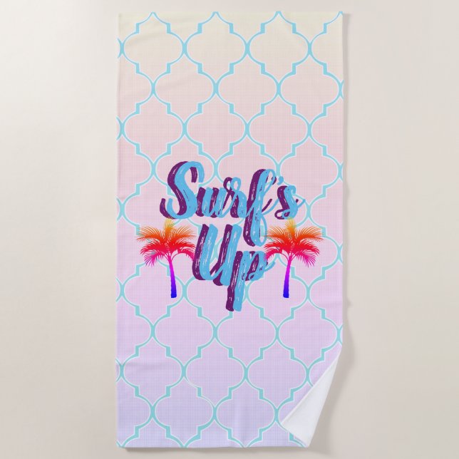Sunset Palm Trees Surf's Up Beach Towel (Front)