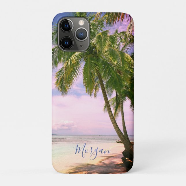 Sunset Palm Trees, Your Photo, Name Blue Script iP Case-Mate iPhone Case (Back)