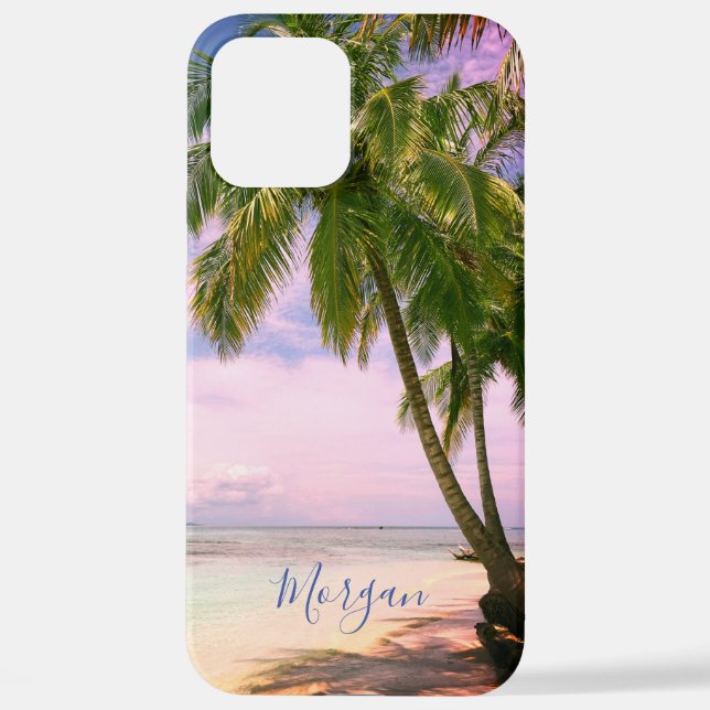 Sunset Palm Trees, Your Photo, Name Blue Script iPhone Case (Back)