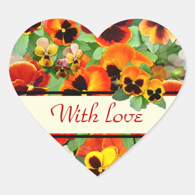 Sunset Pansies Heart Sticker (Front)