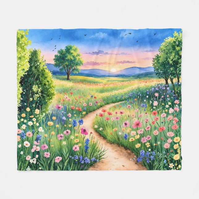 Sunset Path Through a Wildflower Meadow Fleece Blanket (Front (Horizontal))