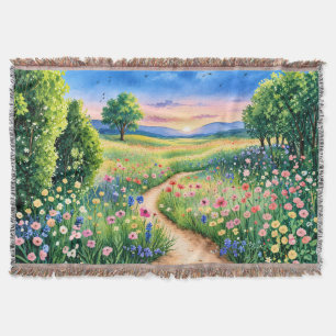 Sunset Path Through a Wildflower Meadow Throw Blanket