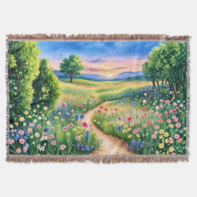 Sunset Path Through a Wildflower Meadow Throw Blanket (Front)