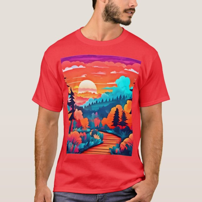 Sunset Path Through Autumn Forest T-Shirt (Front)