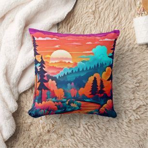 Sunset Path Through Autumn Forest Throw Pillow