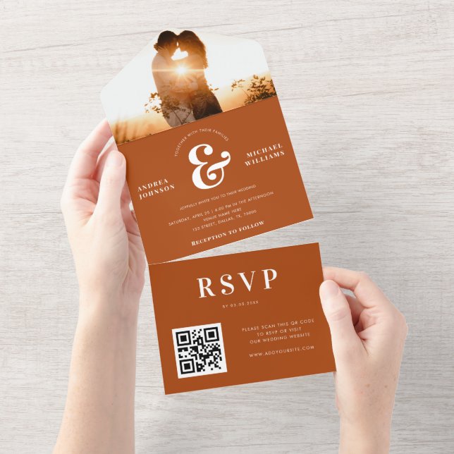 Sunset Photo Modern Ampersand Terracotta Wedding All In One Invitation (Tearaway)