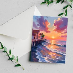 Sunset Pier Ocean Waves Golden Hour Seascape Card