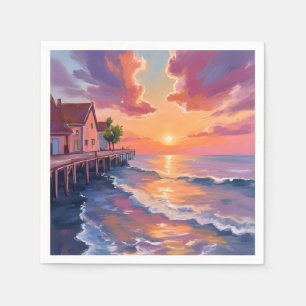 Sunset Pier Ocean Waves Golden Hour Seascape Napkin