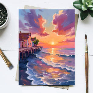 Sunset Pier Ocean Waves Golden Hour Seascape Postcard