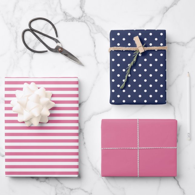Sunset Pink and Navy Blue Stripe Polka Dot Plain Wrapping Paper Sheet (Front)
