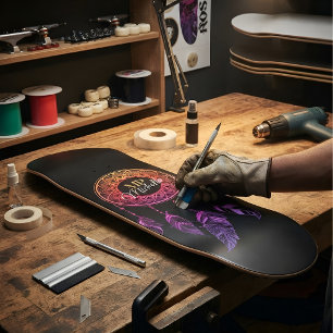 Sunset Pink & Purple Boho Dreamcatcher Custom Name Skateboard