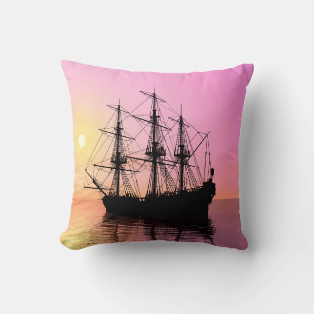 Sunset, pirate ship in quiet waters. throw pillow (Front)