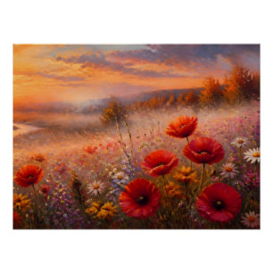 Sunset Poppy Field Impressionist Painting Poster