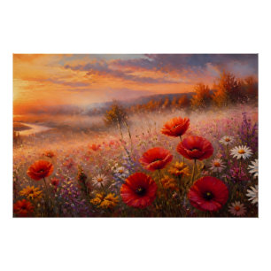Sunset Poppy Field Impressionist Painting Poster