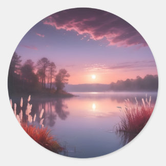 Sunset Purple Lake Landscape Three Classic Round Sticker