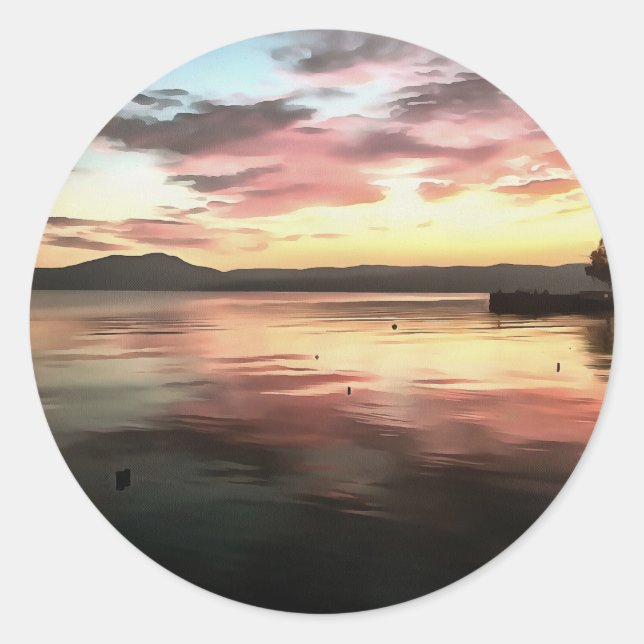 Sunset Reflected On Water Koycegiz Lake Painting Classic Round Sticker (Front)