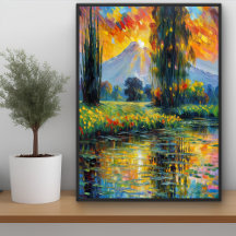 Sunset Reflection Vibrant Landscape Impressionism 