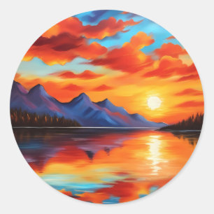 Sunset Reflections and mountains Classic Round Sticker